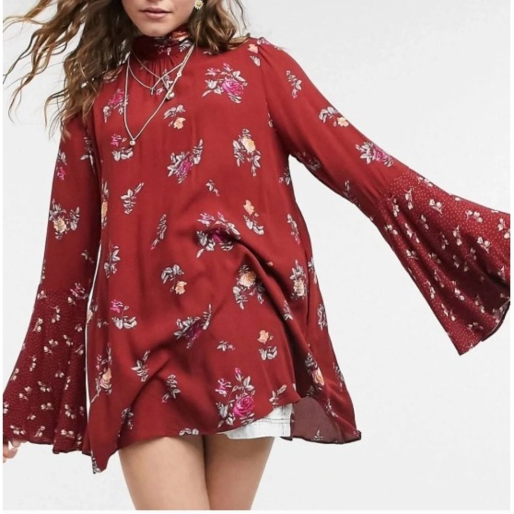 Free People Floral Mock Neck Bell Sleeve Dress Womens XS Red Vintage Combo NWT